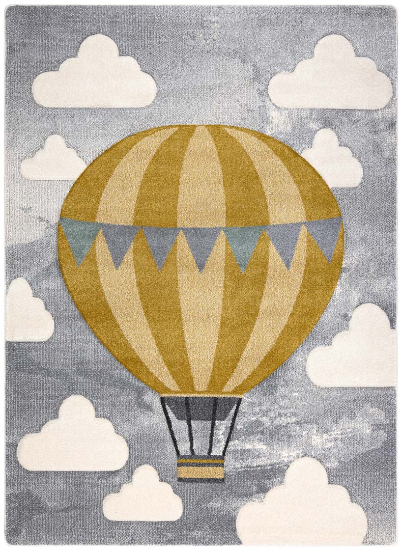 Szary dywan dla dzieci PETIT BALOON kremowy, musztardowy balon i chmurki, kolorowy, antyalergiczny - Dywany Łuszczów zdjęcie 1