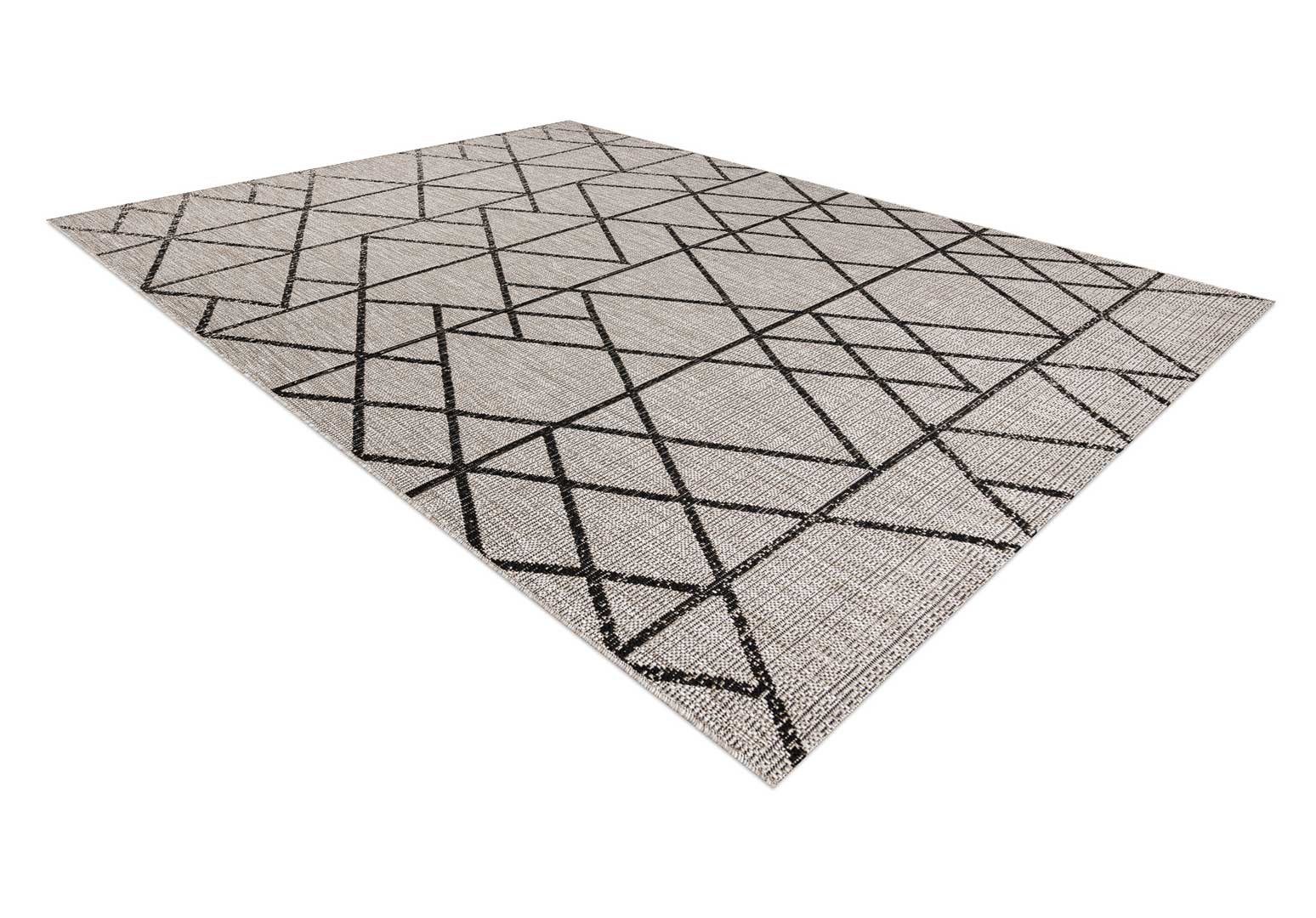 Szaro-beżowy dywan sznurkowy boho z czarnym wzorem geometrycznym trójkąty, romby, na taras i do domu - BOHANA - Dywany Łuszczów zdjęcie 3