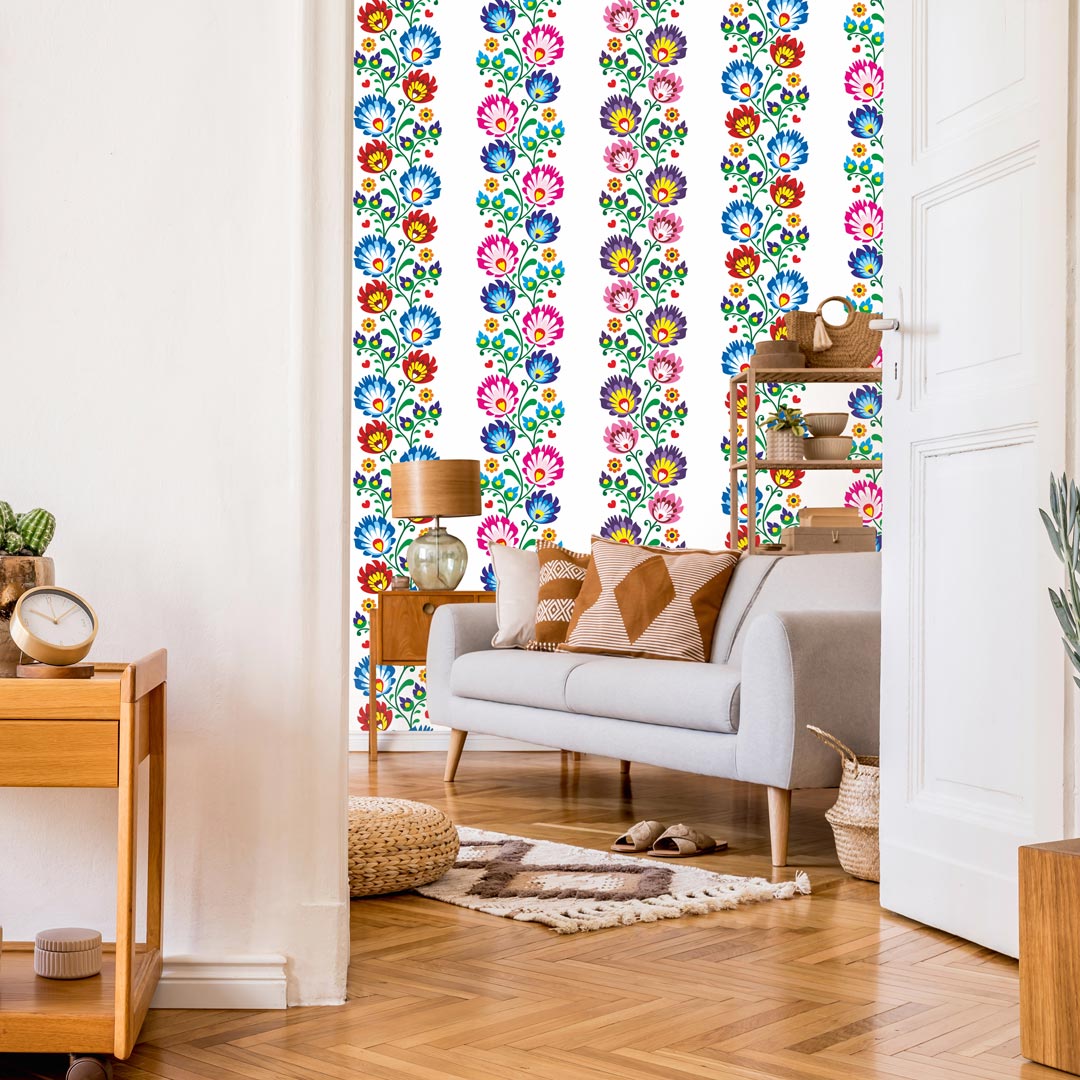 Kolorowa, dekoracyjna tapeta na ścianę w łowicki, folkowy wzór kwiatowy - Dekoori zdjęcie 2