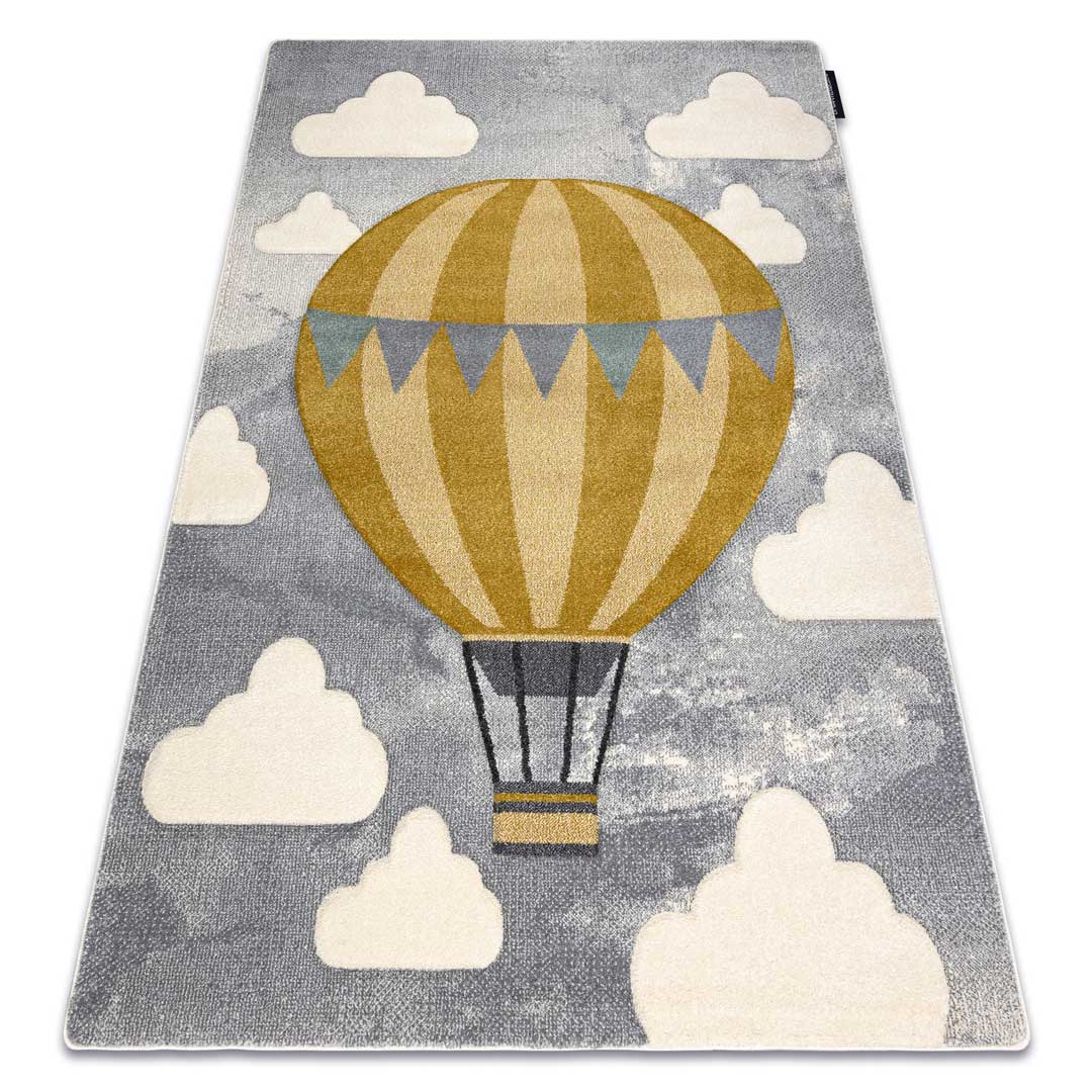 Szary dywan dla dzieci PETIT BALOON kremowy, musztardowy balon i chmurki, kolorowy, antyalergiczny - Dywany Łuszczów zdjęcie 2