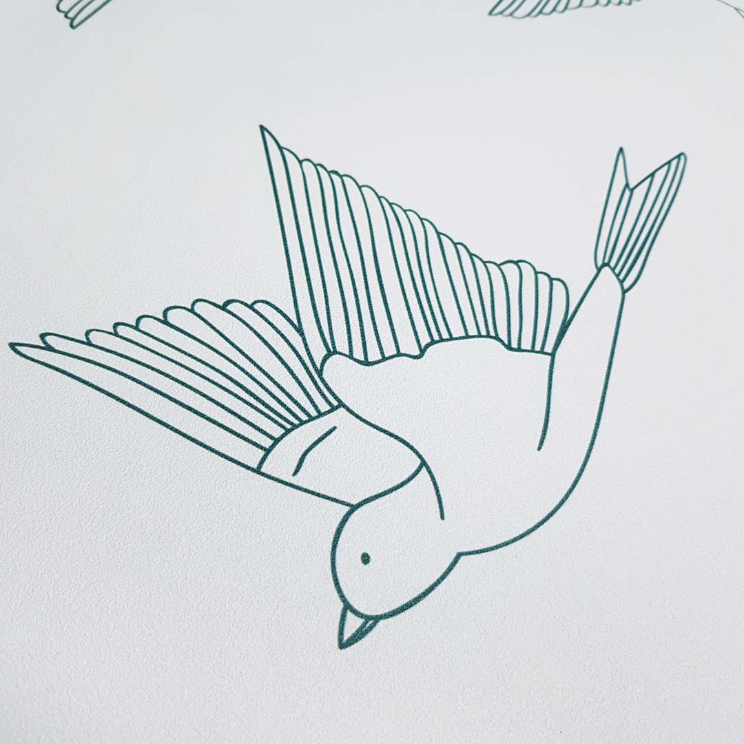 Tapeta turkusowe, latające ptaki w stylu BOHO na szarym tle - Dekoori zdjęcie 4