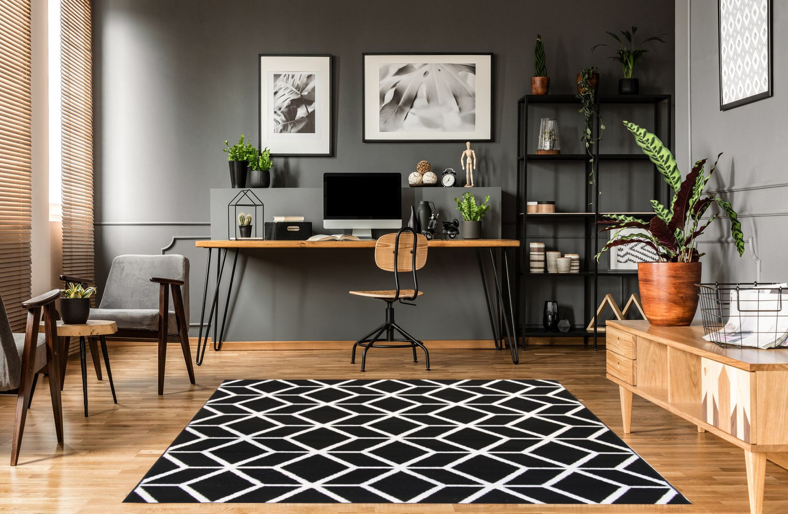 Geometryczny czarny dywan Almas 13 w białą linię, siatkę, romby nowoczesny styl - Carpetforyou zdjęcie 2