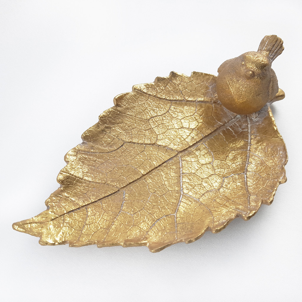 Złota nowoczesna patera w kształcie liścia brzozy z małym ptakiem - Masz zdjęcie 1