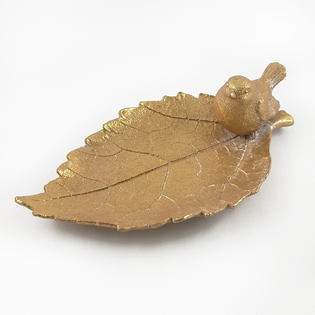 Złota nowoczesna patera w kształcie liścia brzozy z małym ptakiem - Masz zdjęcie 3