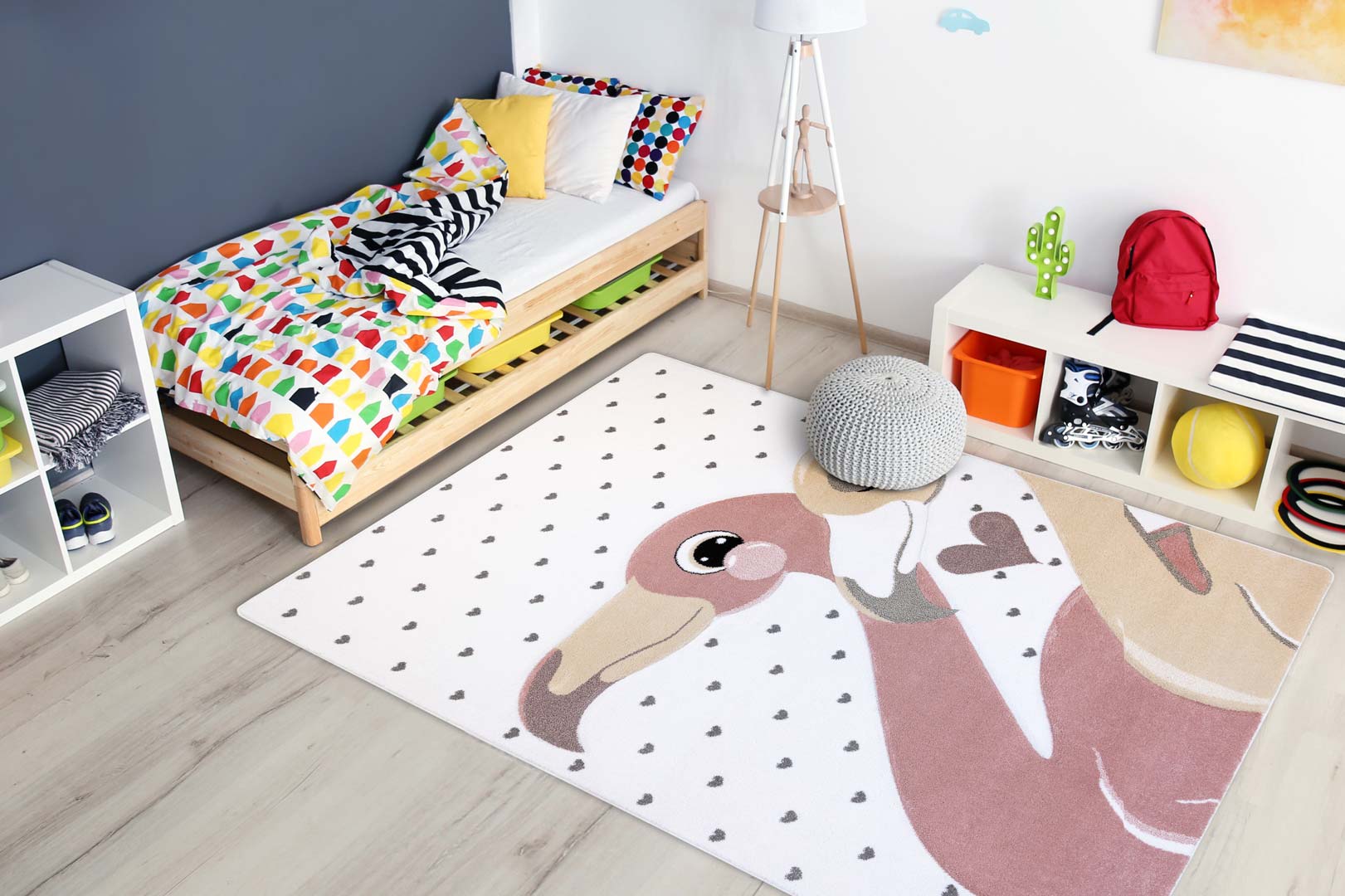 Kremowy dywan dla dziewczynki Umbrella 16 różowa parasolka, serduszka, antyalergiczny, materiał imitujący wełnę - Carpetforyou zdjęcie 2