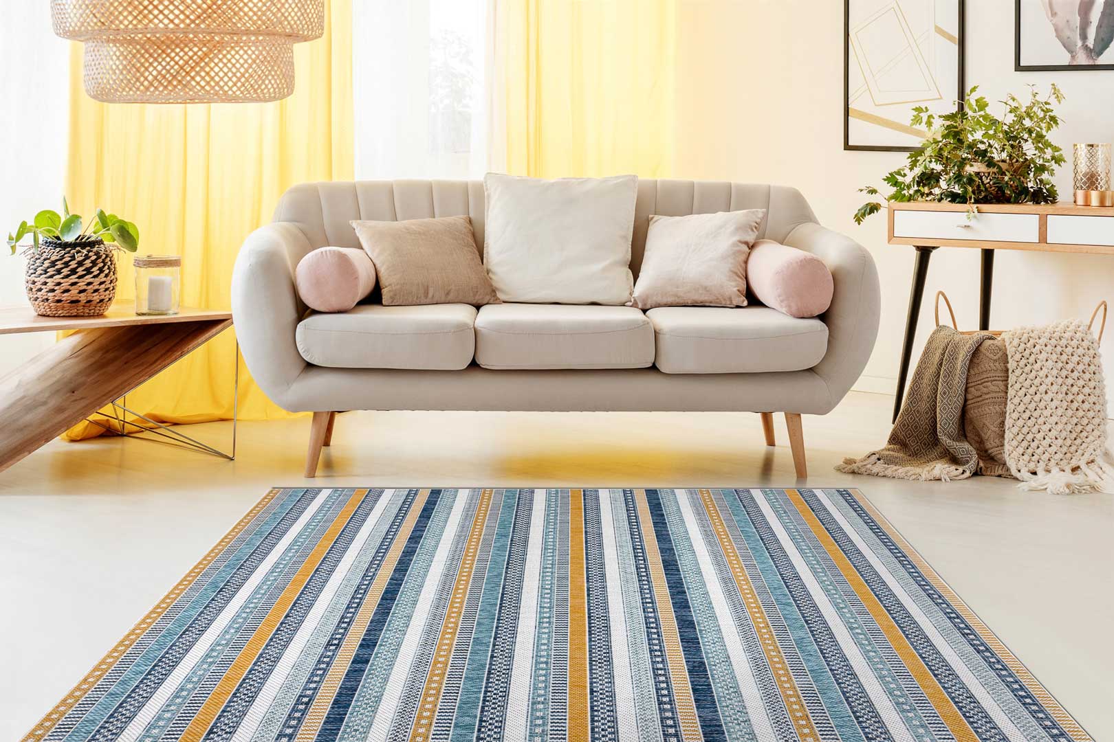 Stylowy dywan w beżowe, niebieskie i szare paski Marine Stripes - Carpetforyou zdjęcie 2