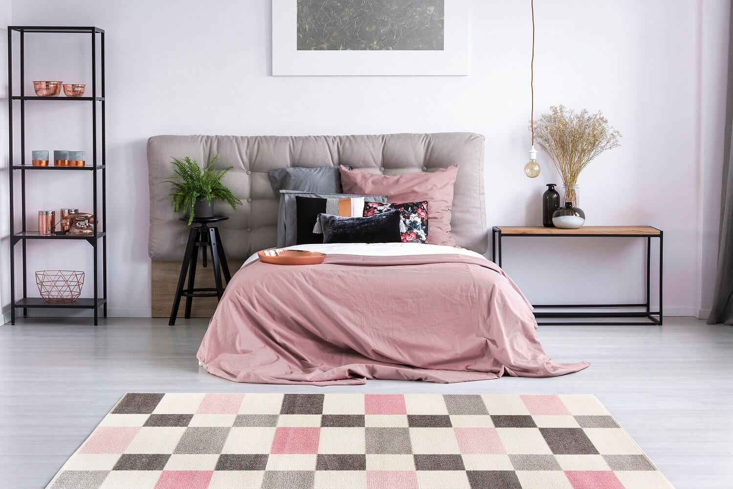 Elegancki dywan w szare i różowe kwadraty, prostokąty na kremowym tle Pink Cubes dla dziewczynki - Carpetforyou zdjęcie 2