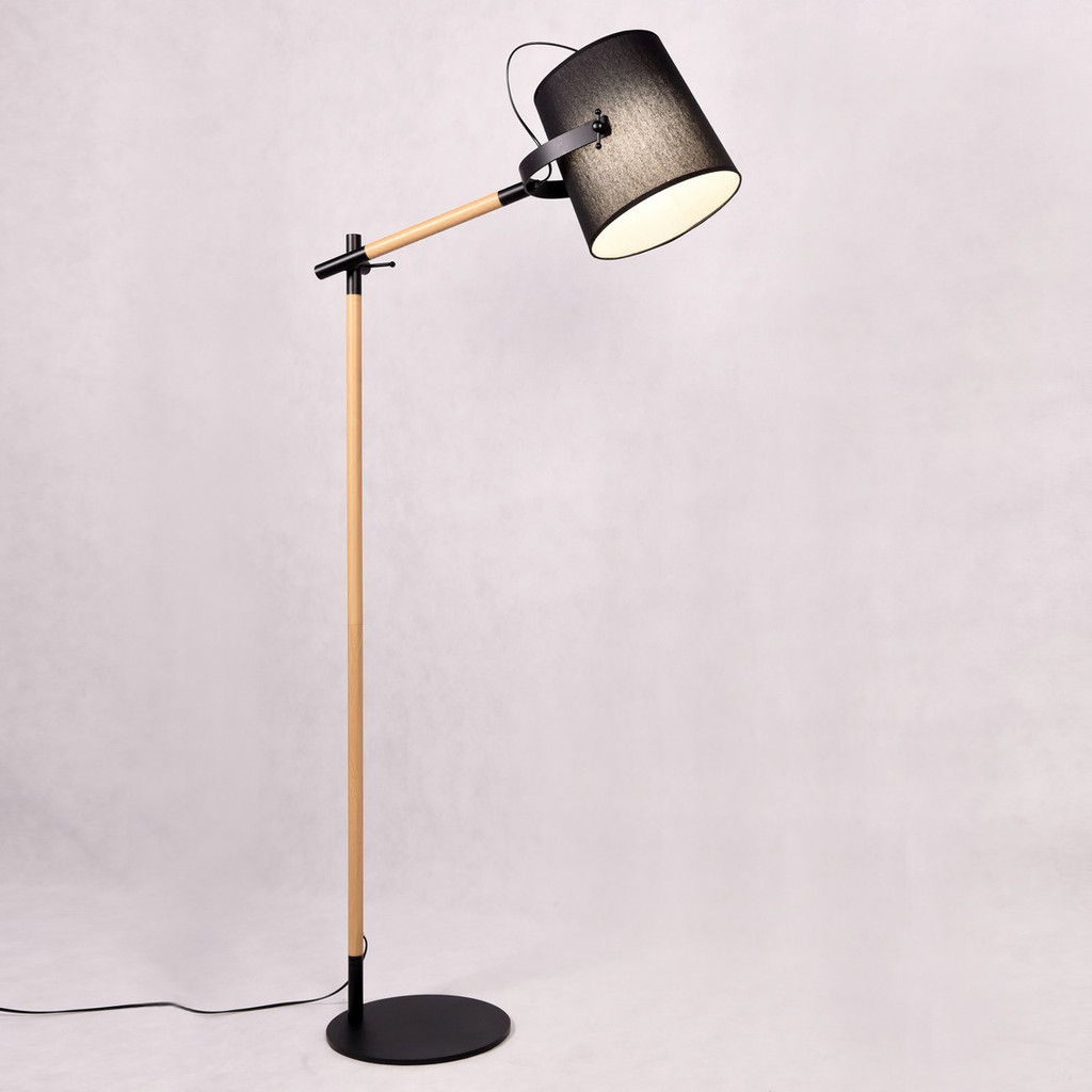 Skandynawska lampa stojąca, drewniana stylizacja, czarny abażur LAPIDUS - Lumina Deco zdjęcie 3