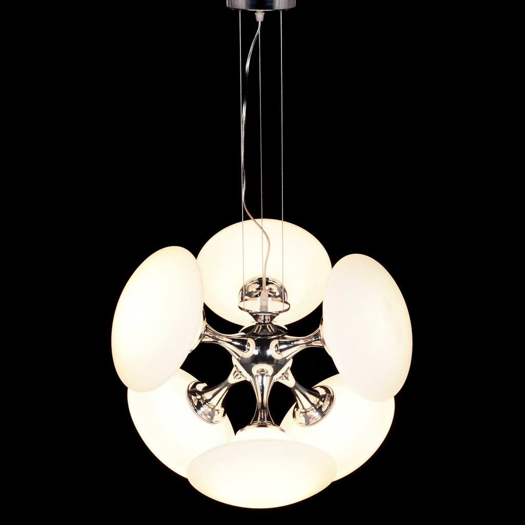 Designerska chromowana lampa wisząca GELIKON W6 z białymi szklanymi kloszami - Lumina Deco zdjęcie 3