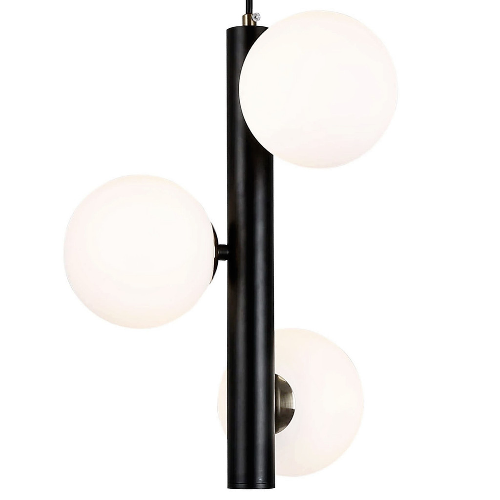 Czarna, elegancka lampa wisząca z okrągłymi białymi kloszami BARICA W3 z mosiężnymi akcentami - Lumina Deco zdjęcie 1