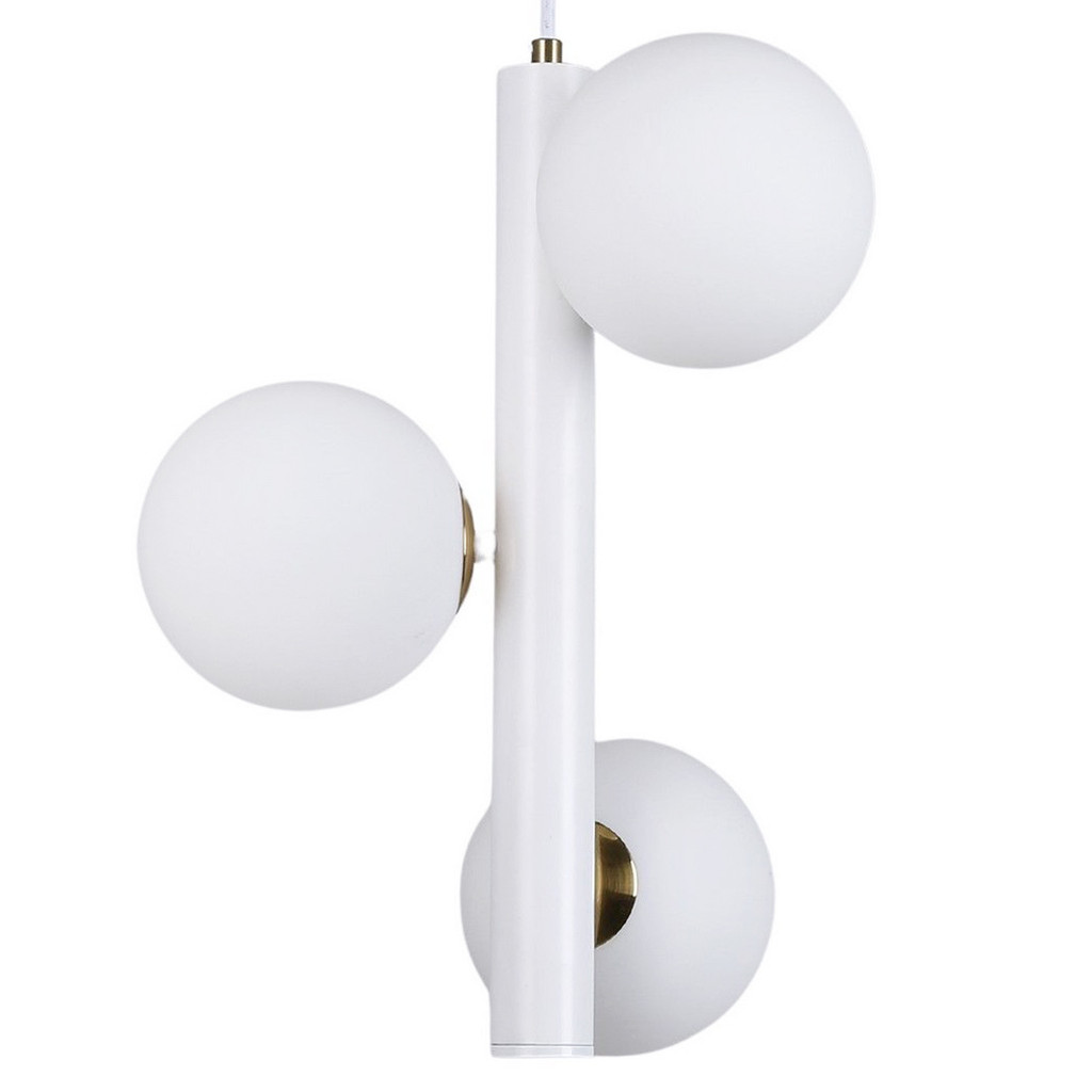 Biała, designerska lampa wisząca, białe kuliste klosze BARICA W3 z mosiężnymi akcentami - Lumina Deco zdjęcie 1