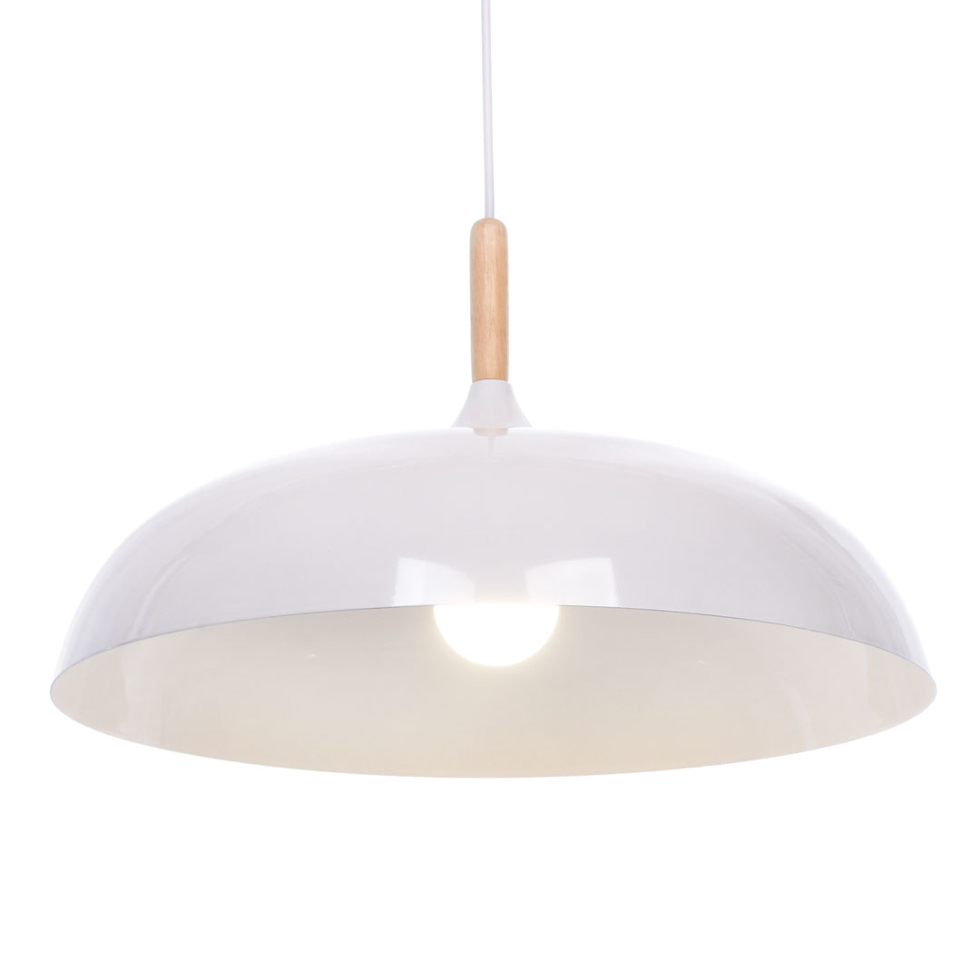 Biała lampa wisząca nowoczesna VERSI skandynawska, szeroki klosz, metal i drewno - Lumina Deco zdjęcie 1
