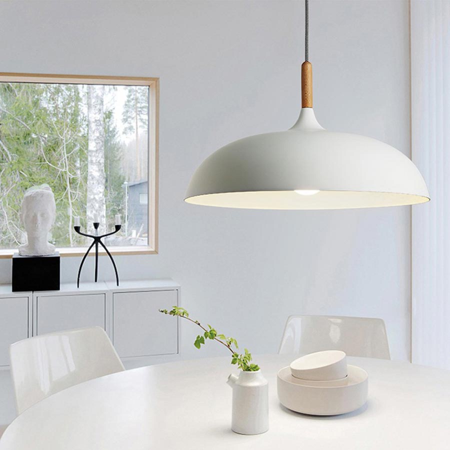 Biała lampa wisząca nowoczesna VERSI skandynawska, szeroki klosz, metal i drewno - Lumina Deco zdjęcie 2