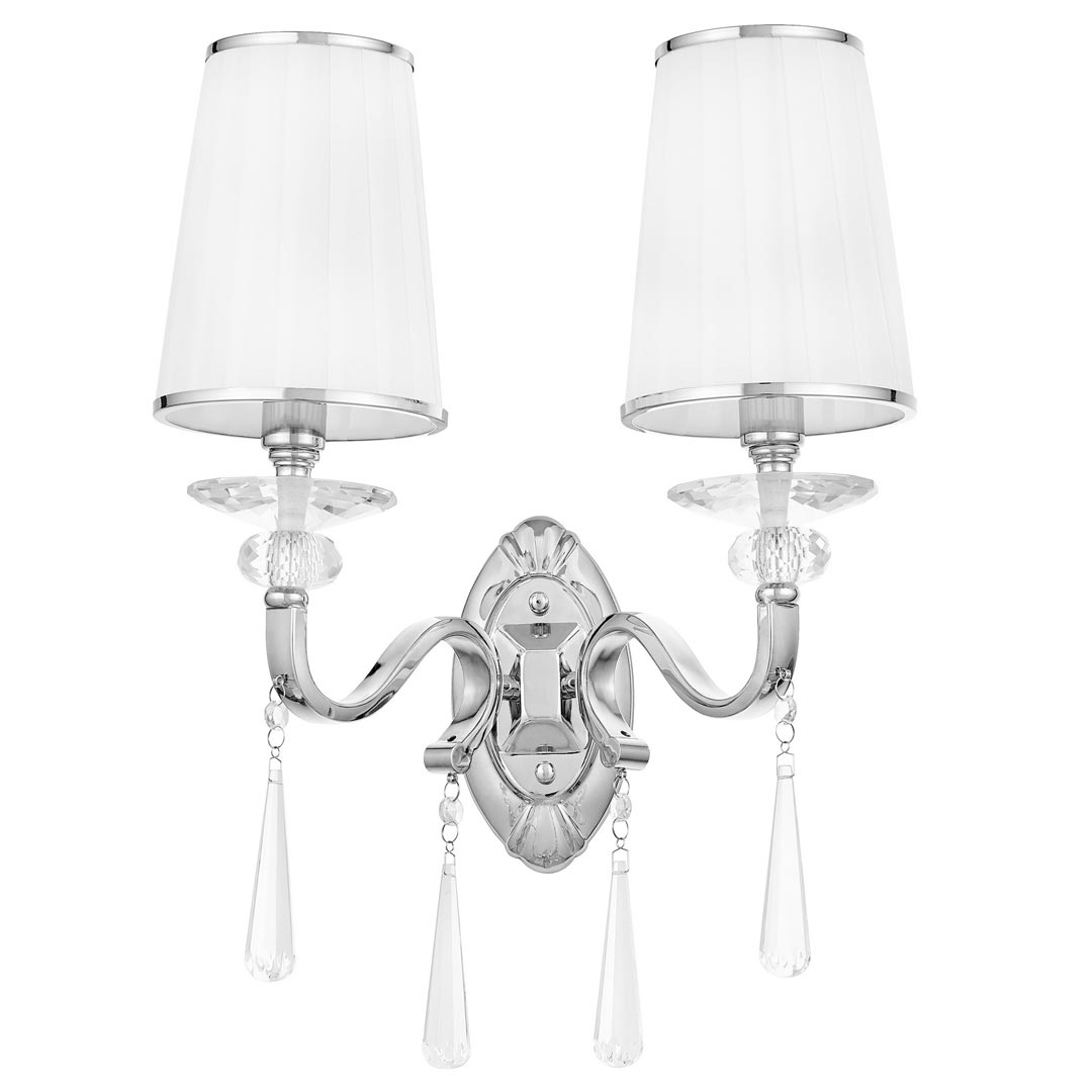 Kinkiet, lampa ścienna DOMINNI W2 srebrna, metalowa oprawa z kryształkami, biały abażur - Lumina Deco zdjęcie 1