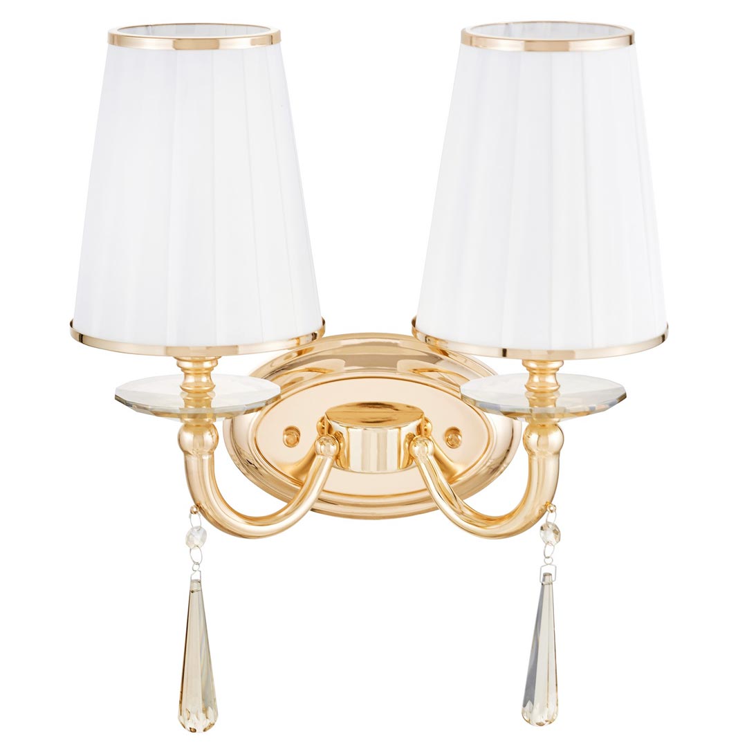 Kinkiet, lampa ścienna DOMINNI W2 podwójny, złoto antyczne, metalowa oprawa z kryształkami, beżowo-kremowy abażur - Lumina Deco zdjęcie 1
