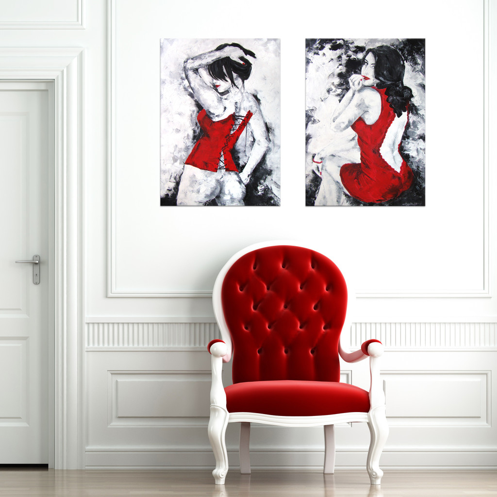 Obraz olejny na płótnie: Kobieta w czerwonej sukience 50x70 cm - Na Skrzydłach Anioła zdjęcie 2