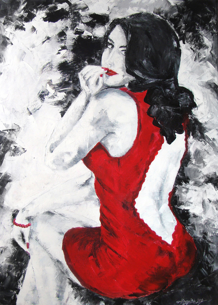 Obraz olejny na płótnie: Kobieta w czerwonej sukience 50x70 cm - Na Skrzydłach Anioła zdjęcie 1
