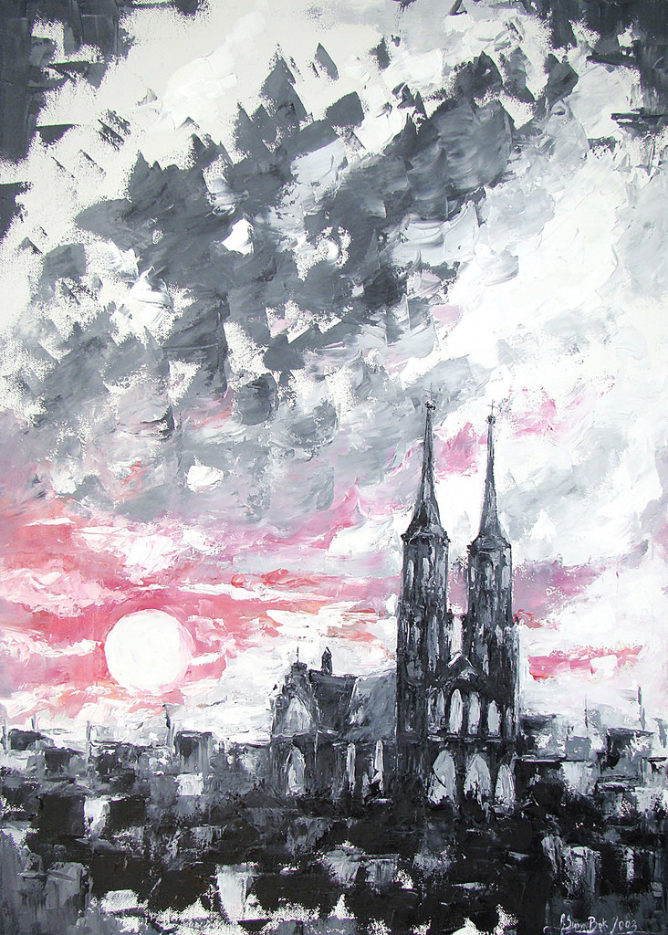 Obraz olejny pejzaż architektura kościół katedra zachód słońca 50x70 cm - Na Skrzydłach Anioła zdjęcie 1