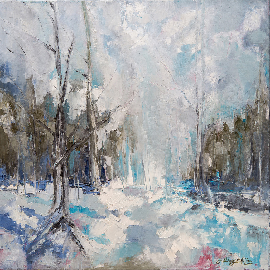 Obraz olejny pejzaż natura las zima śnieg 47x47 cm - Na Skrzydłach Anioła zdjęcie 1