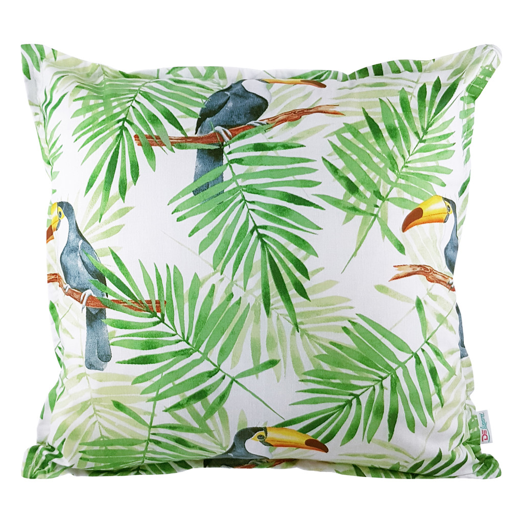 Dekoracyjna poszewka na poduszkę w egzotyczne ptaki tukany oraz liście palmy - Dekoori zdjęcie 1