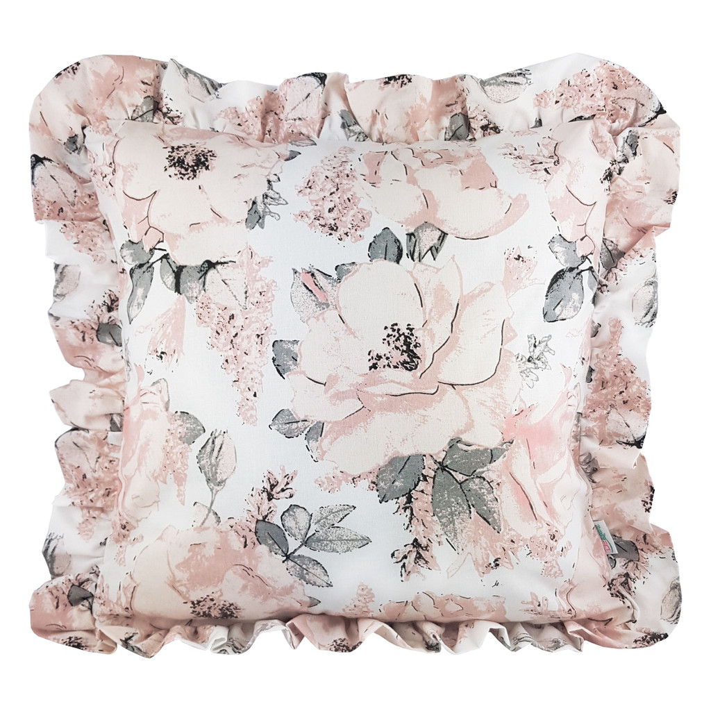 Klasyczna biała poszewka na poduszkę z pastelowymi dzikimi różami z falbanką - Dekoori zdjęcie 1