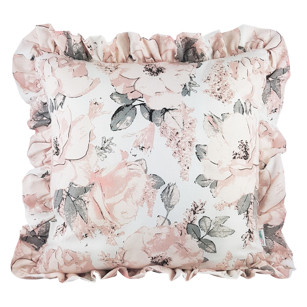 Klasyczna biała poszewka na poduszkę z pastelowymi dzikimi różami z falbanką - Dekoori zdjęcie 3