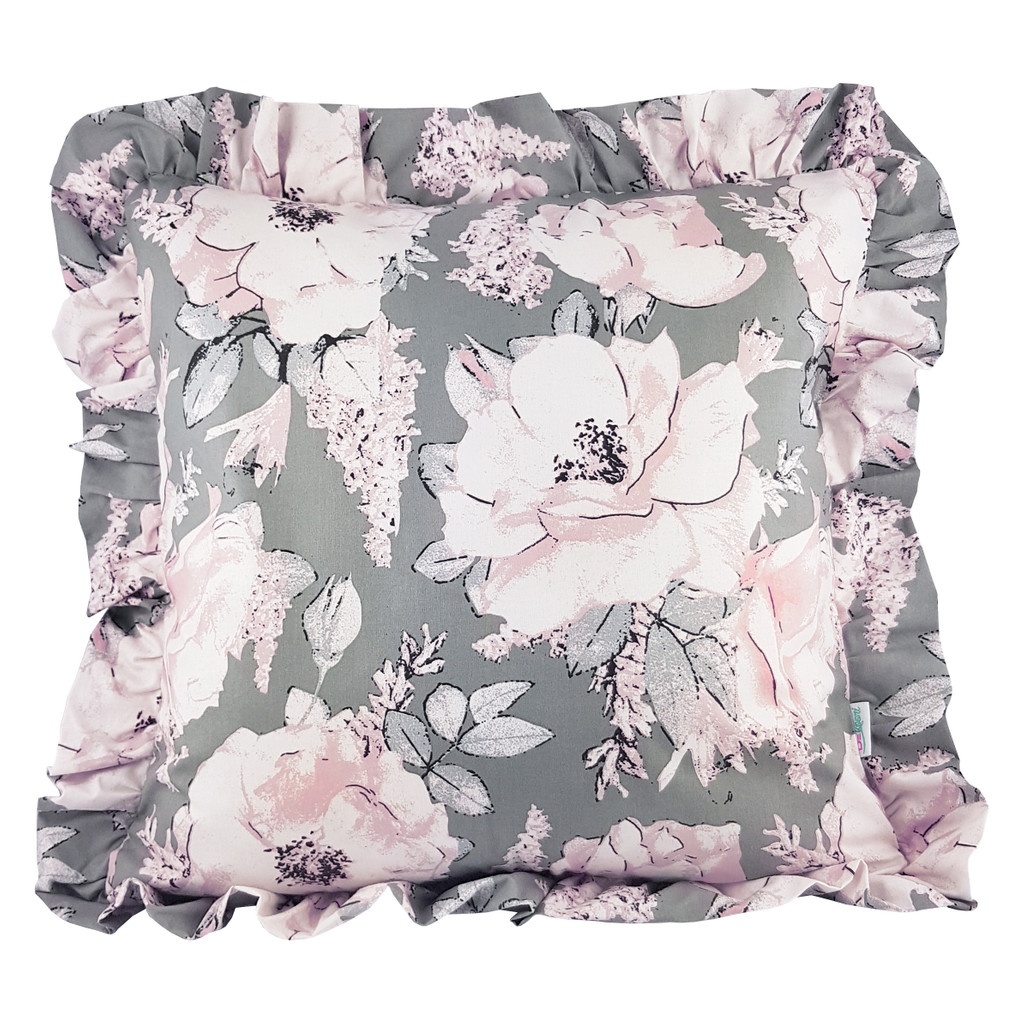 Elegancka szara poszewka na poduszkę w dzikie kwiaty róży, z falbanką - Dekoori zdjęcie 1