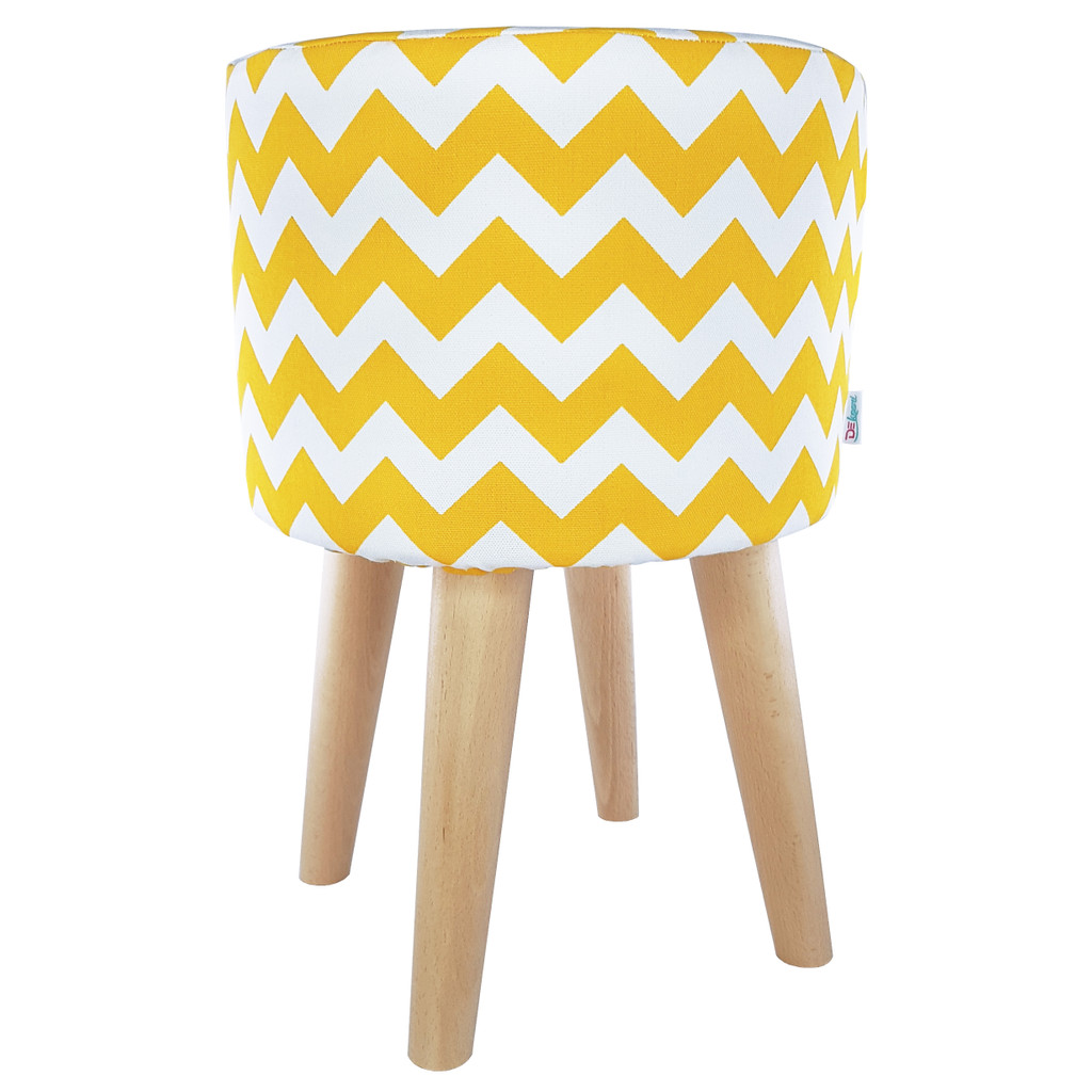 Biało-żółty puf, stołek z drewna w ZYGZAKI miękkie siedzisko do salonu - Lily Pouf zdjęcie 2