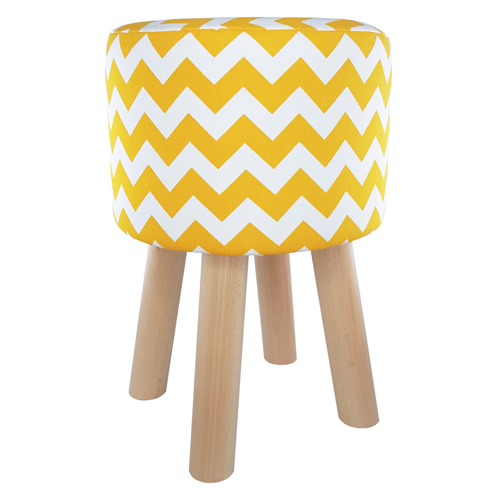 Biało-żółty puf, stołek z drewna w ZYGZAKI miękkie siedzisko do salonu - Lily Pouf zdjęcie 1
