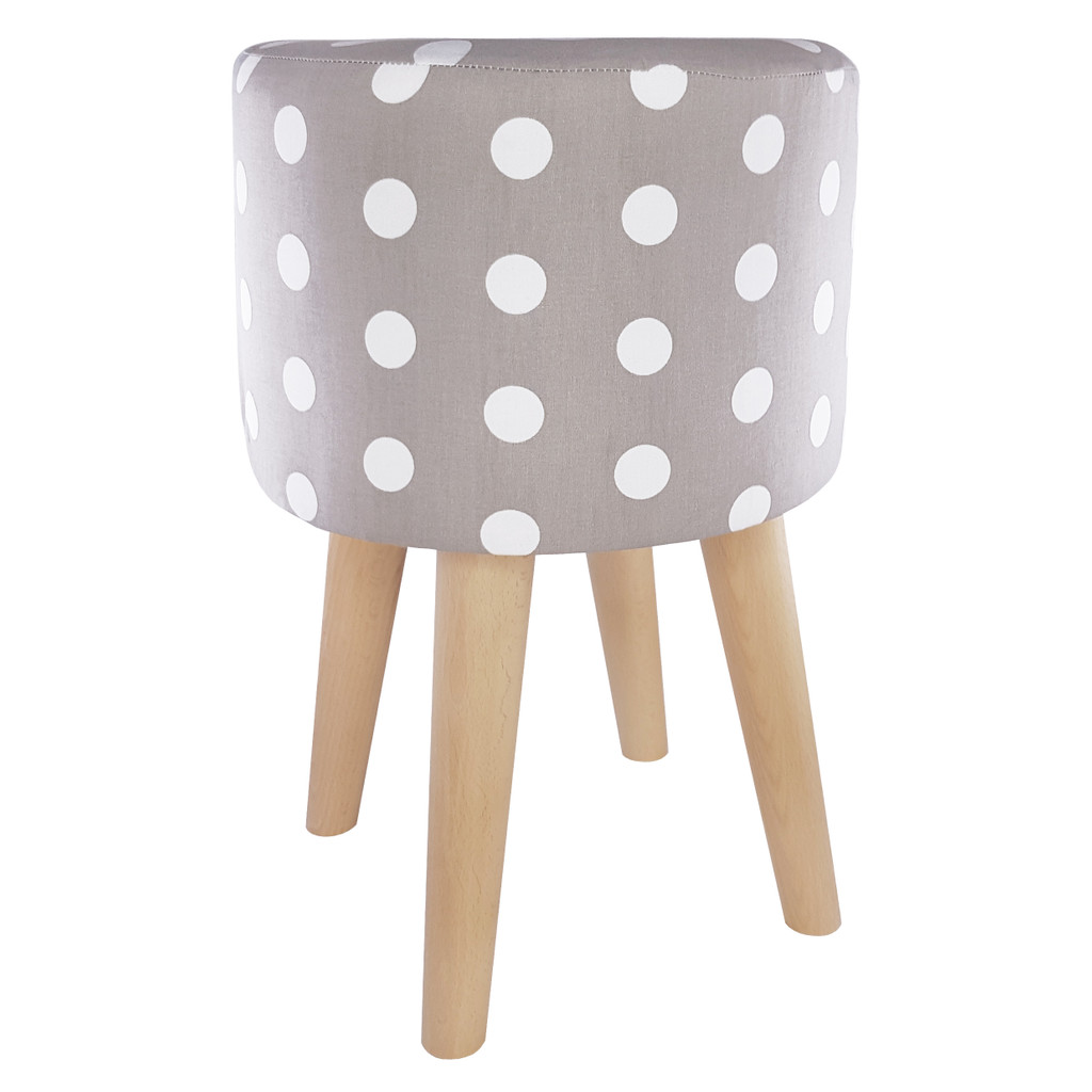 Puf do siedzenia, taboret z drewna szaro-biały w KROPKI GROCHY - Lily Pouf zdjęcie 2