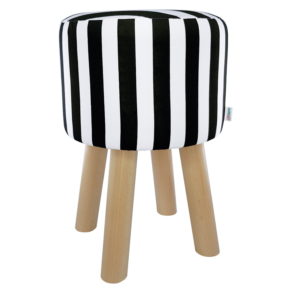 Stołek, taboret drewniany z okrągłym siedziskiem w paski biało-czarne - Lily Pouf zdjęcie 1
