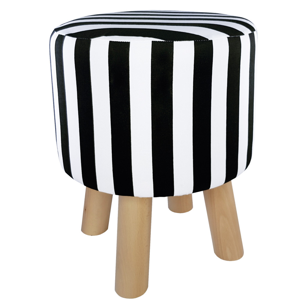 Stołek, taboret drewniany z okrągłym siedziskiem w paski biało-czarne - Lily Pouf zdjęcie 3