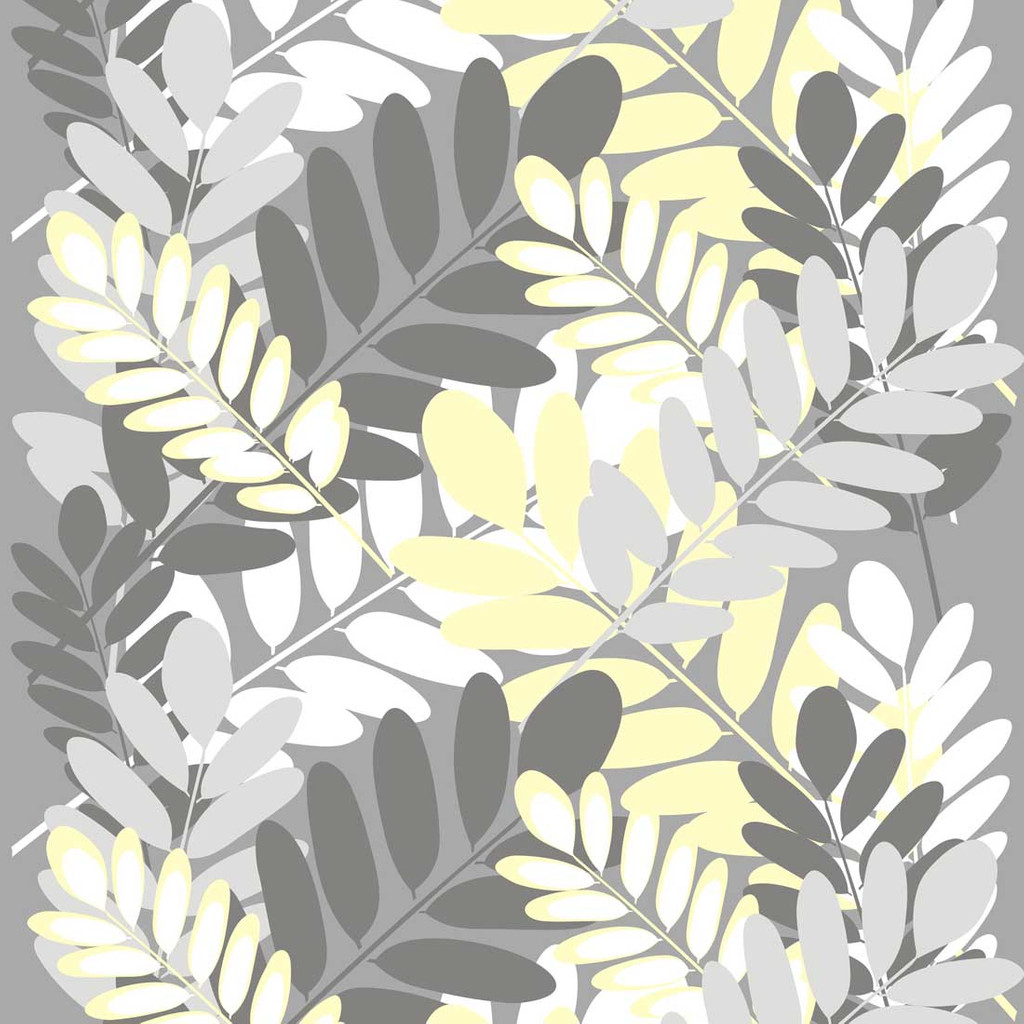 Tapeta LIŚCIE AKACJI szaro-biało-żółta, motyw roślinny - Dekoori zdjęcie 1