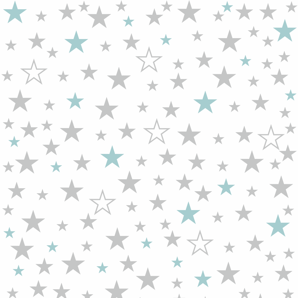 Biała tapeta w gwiazdki 4-6-8 cm szare i turkusowe pastelowe dla dzieci - Dekoori zdjęcie 1