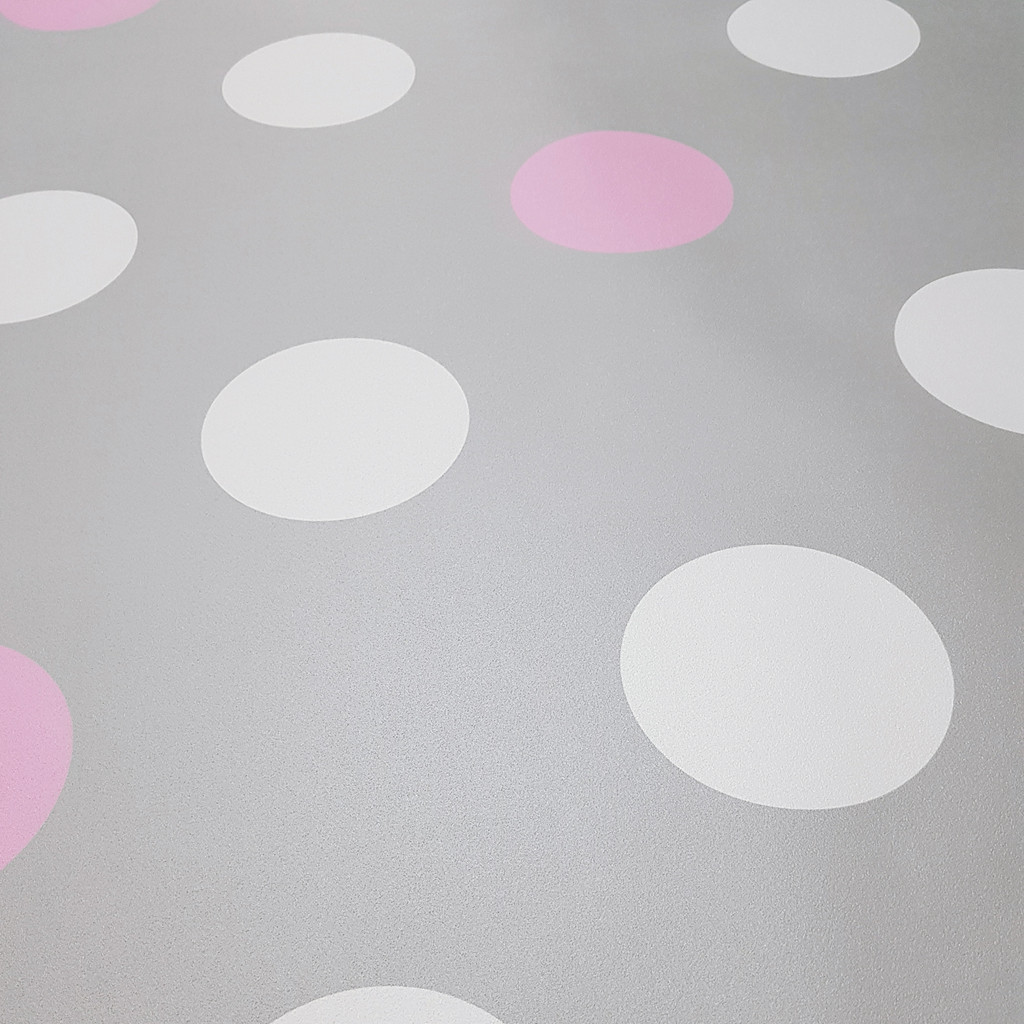 Tapeta w duże GROCHY KROPKI KOŁA 15 cm szaro-biało-różowa - Dekoori zdjęcie 3