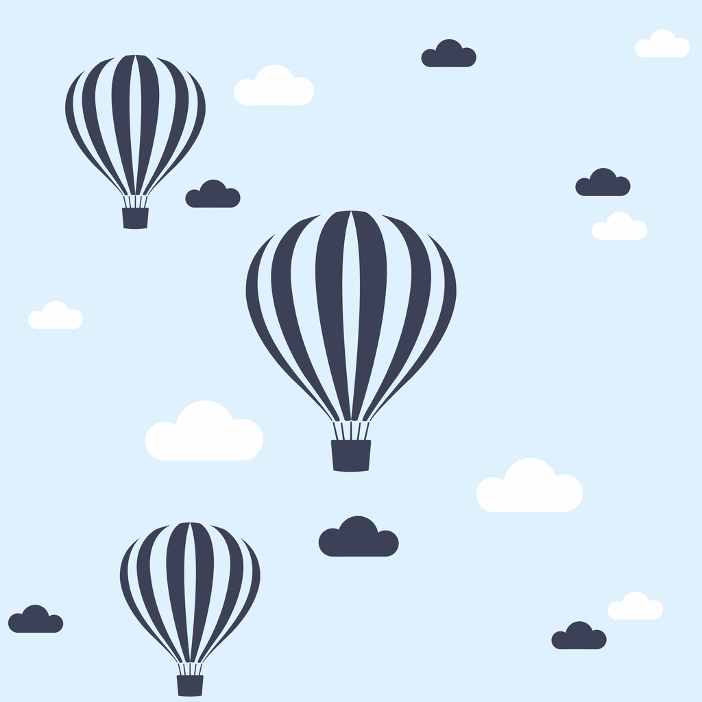 Tapeta w balony latające i chmurki jasnoniebiesko-granatowo-biała dla chłopca - Dekoori zdjęcie 1