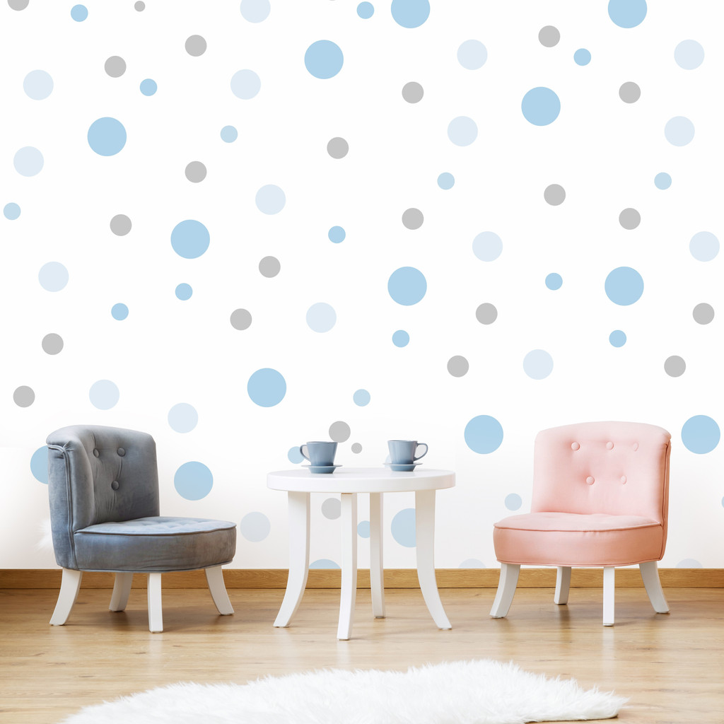 Tapeta w niebieskie i szare bańki, bąbelki, grochy w nowoczesnym stylu, do salonu - Dekoori zdjęcie 2