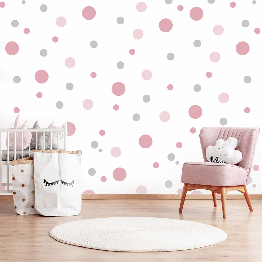 Stylowa tapeta do pokoju dziecka w różowe i szare bąbelki, bańki, grochy - Dekoori zdjęcie 2