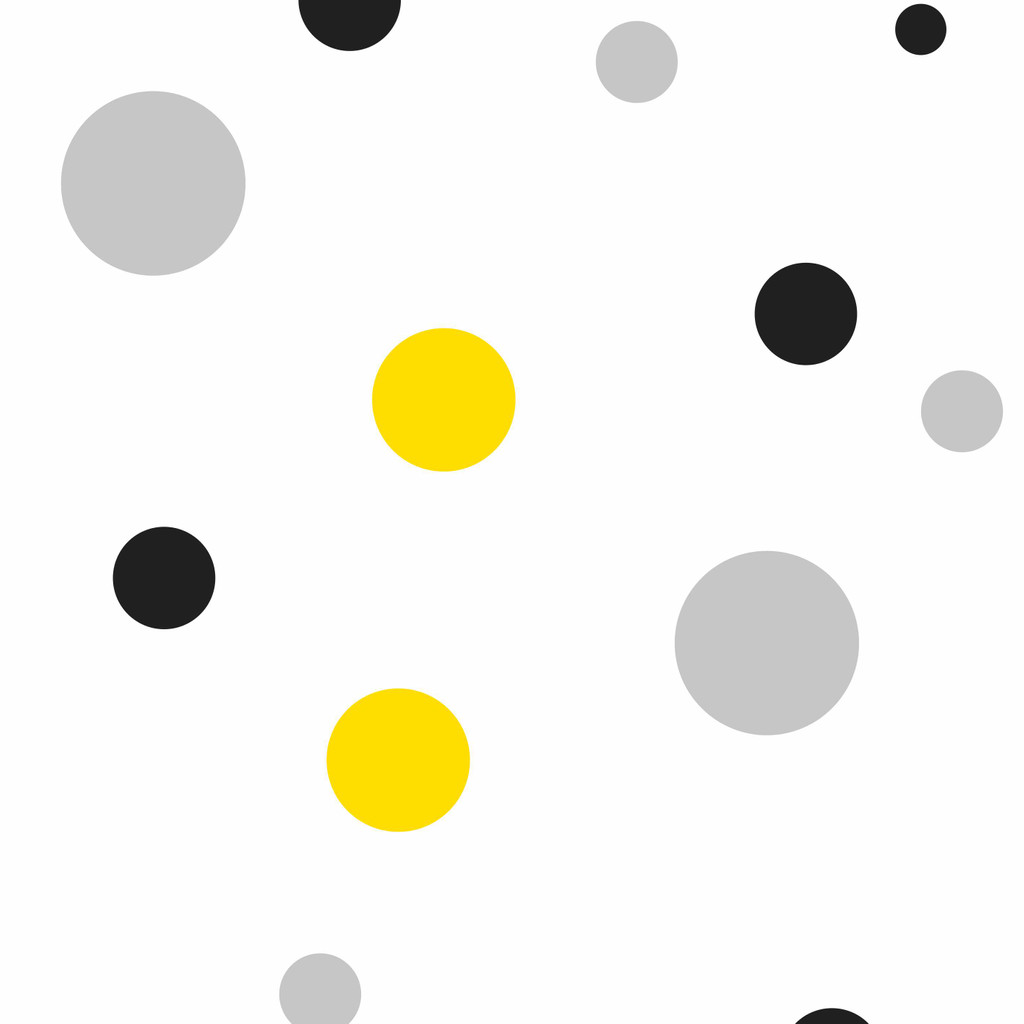 Nowoczesna biała tapeta w bańki, bąbelki, grochy szare, czarne i żółte - Dekoori zdjęcie 1