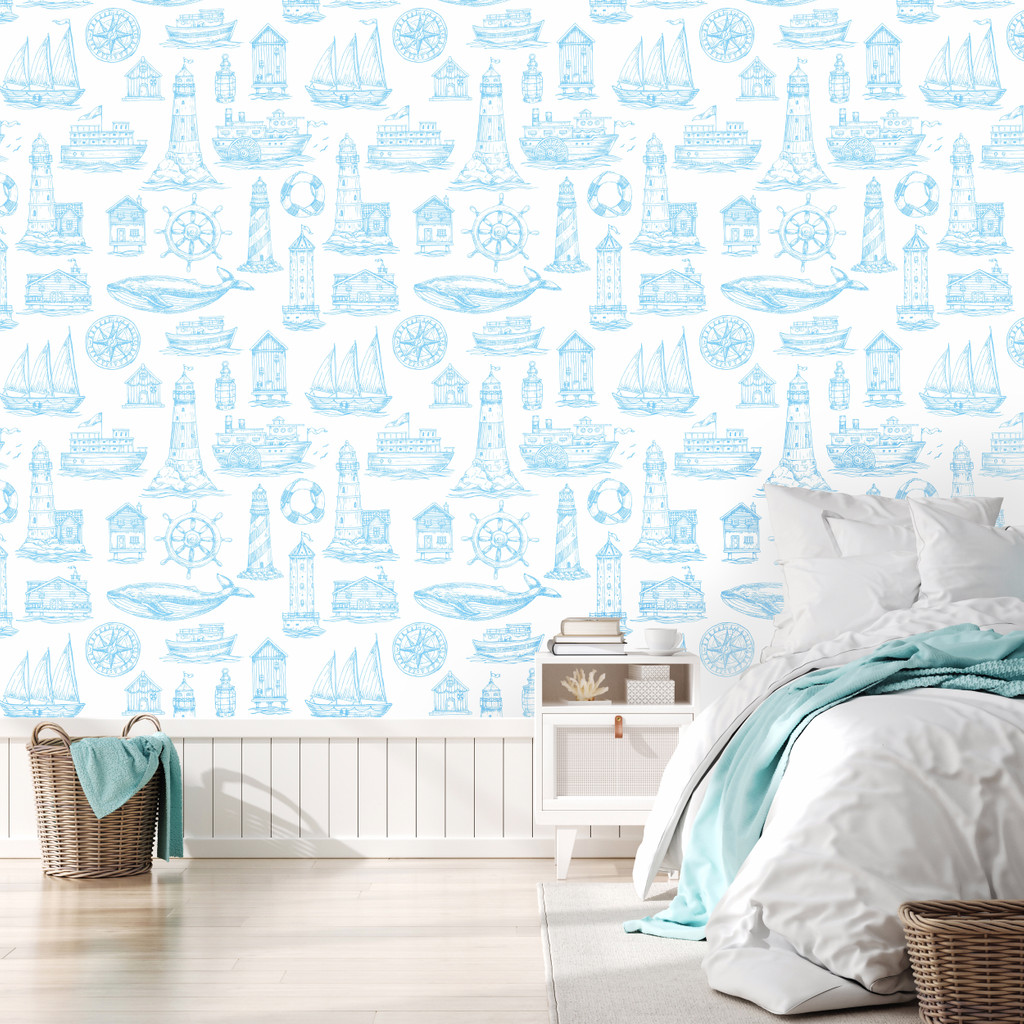 Jasna tapeta z motywem morskim marynistycznym, latarnia biało-niebieska - Dekoori zdjęcie 2