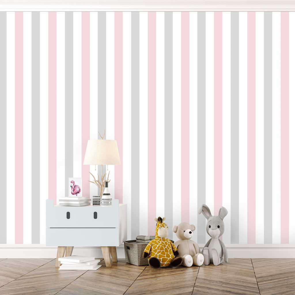 Stylowa, biała tapeta w jasnoszare i różowe pasy pionowe - Dekoori zdjęcie 2