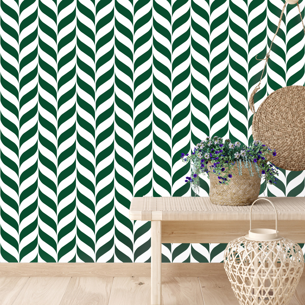 Tapeta jodełka zielona, wzór białe i szmaragdowe listki w skandynawskim stylu - Dekoori zdjęcie 2