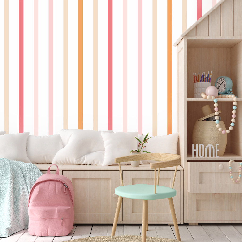 Skandynawska tapeta na ścianę w biało-beżowo-różowo-pomarańczowe pasy pionowe, do pokoju dziecięcego - Dekoori zdjęcie 2