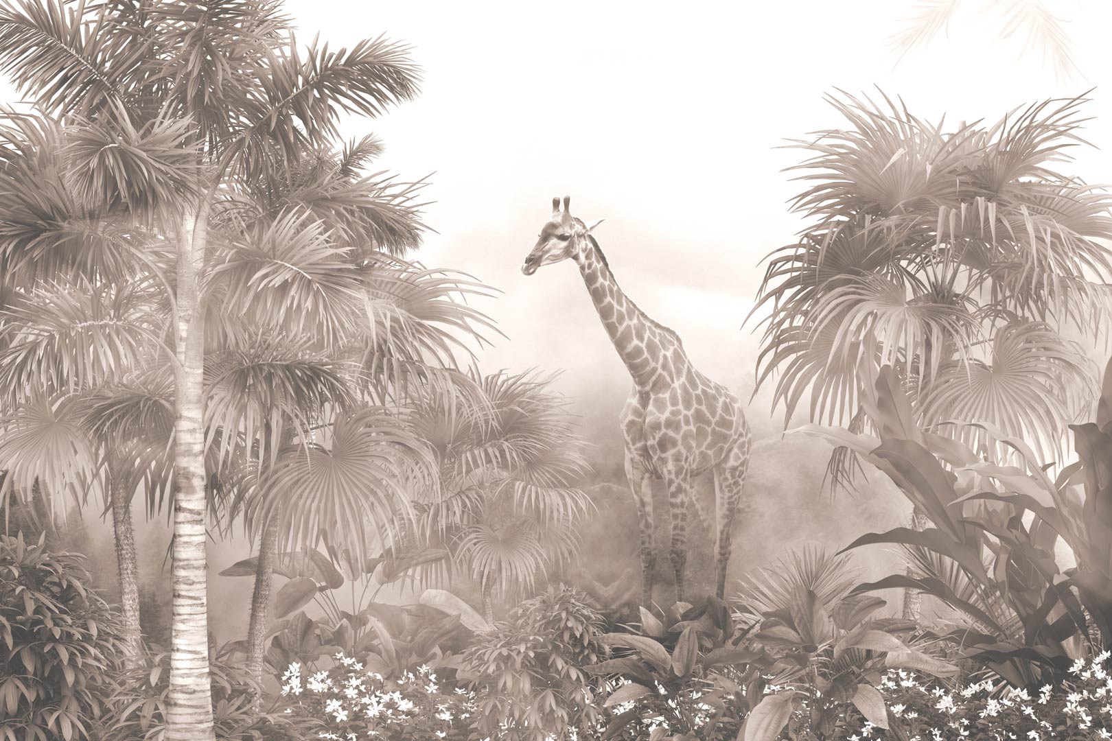 Fototapeta na ścianę żyrafa w tropikalnej dżungli, palmy sepia - TALLA