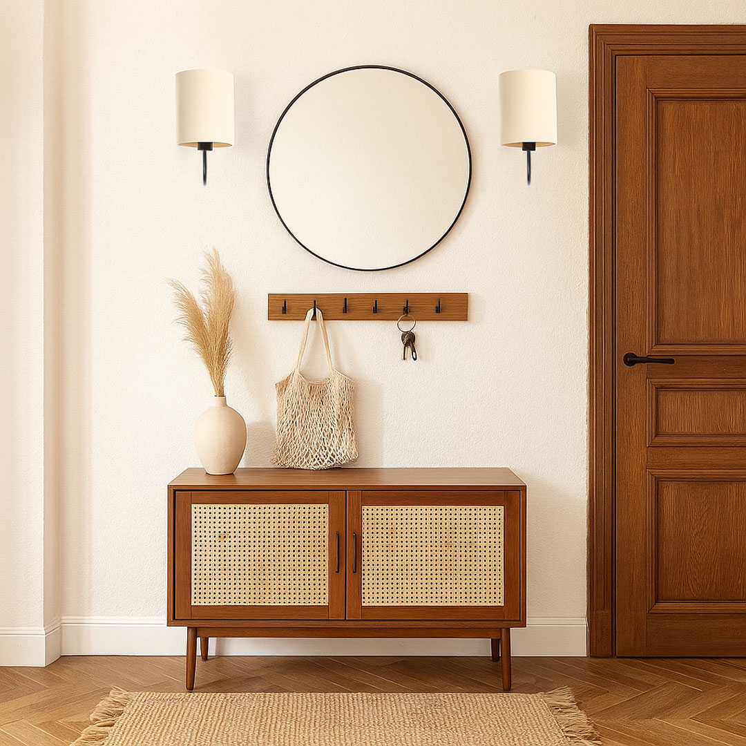 Jasna, kremowa lampa ścienna w stylu boho z lnianym abażurem w kształcie walca BOHO - BPS Koncept zdjęcie 2