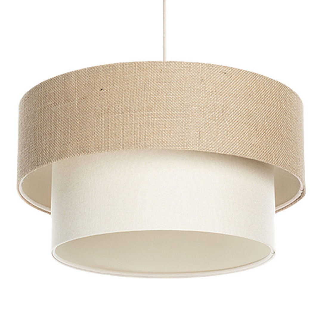 Lampa jutowa BOHO wisząca z podwójnym beżowym i kremowym abażurem z tkaniny jutowej i lnianej
