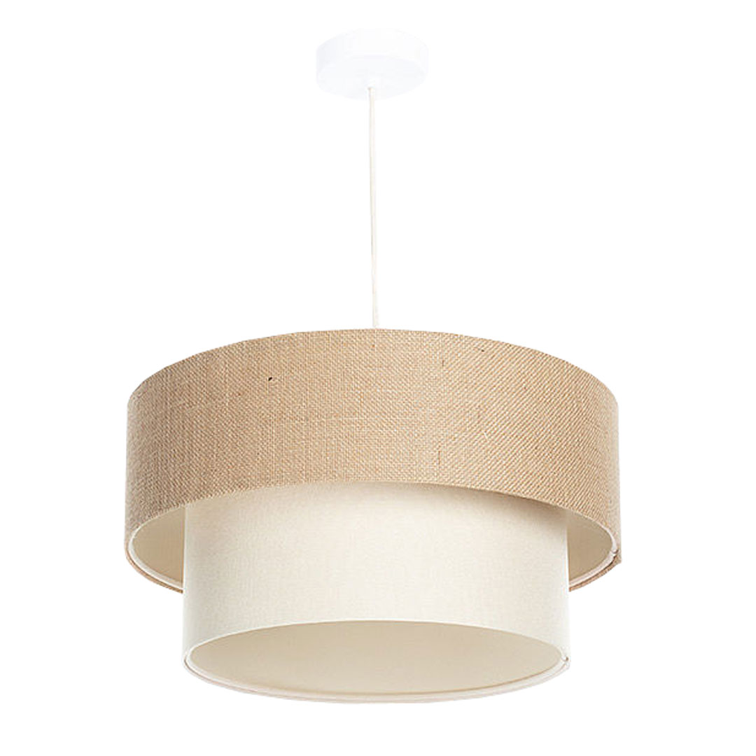 Lampa jutowa BOHO wisząca z podwójnym beżowym i kremowym abażurem z tkaniny jutowej i lnianej