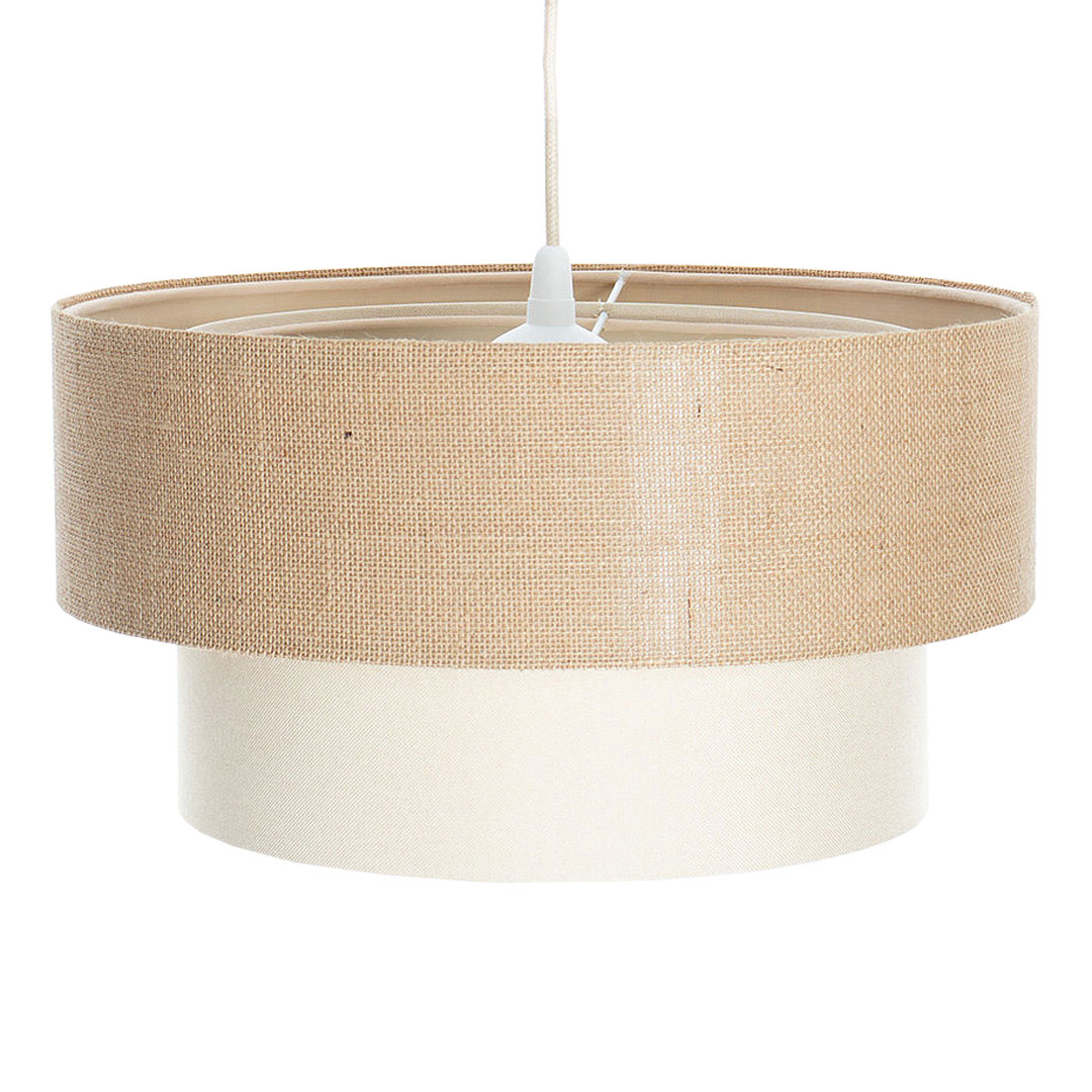Lampa jutowa BOHO wisząca z podwójnym beżowym i kremowym abażurem z tkaniny jutowej i lnianej