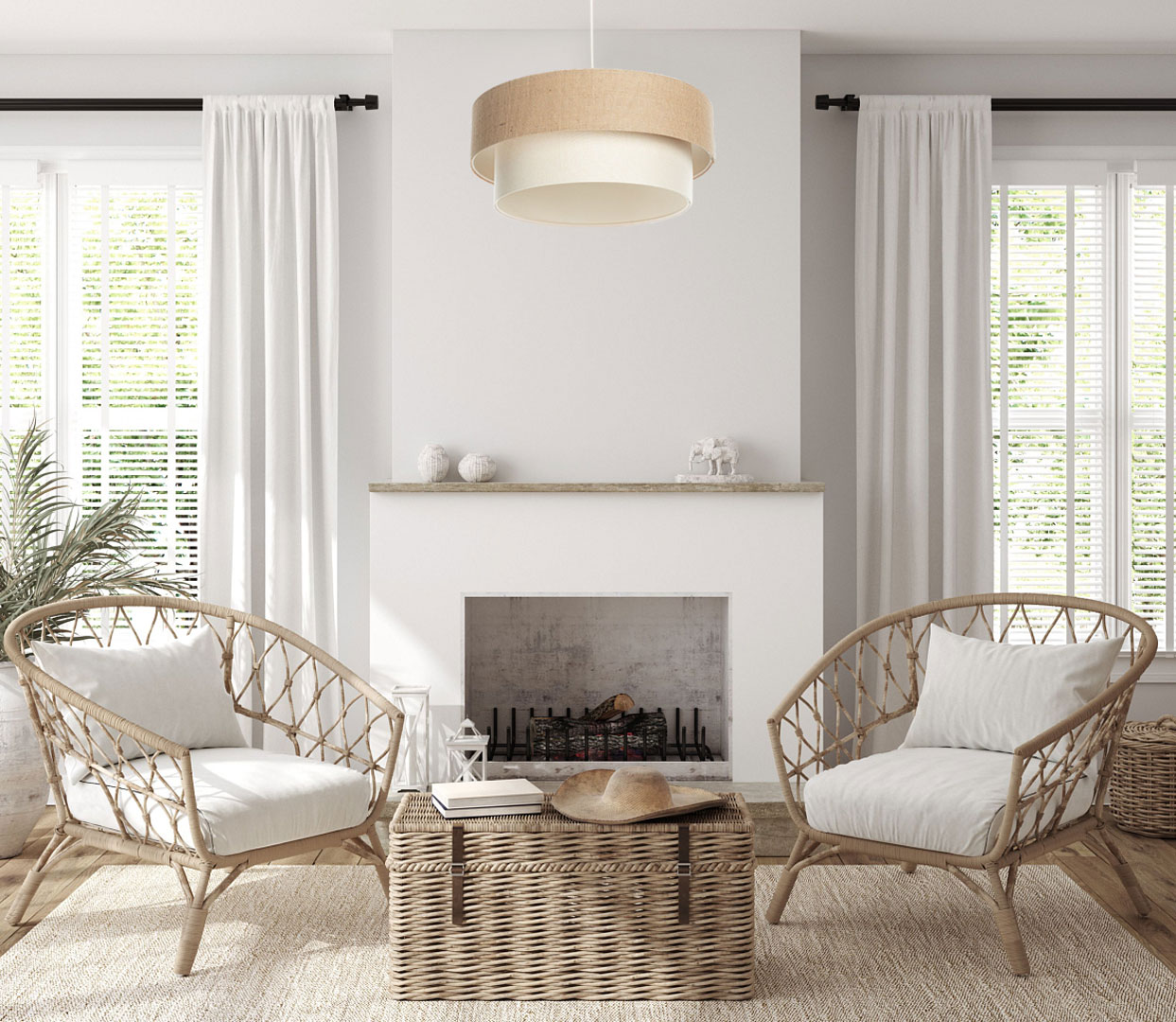 Lampa jutowa BOHO wisząca z podwójnym beżowym i kremowym abażurem z tkaniny jutowej i lnianej