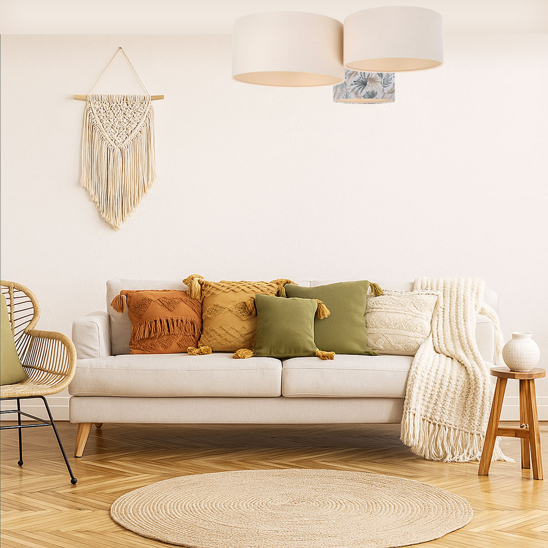 Lampa plafon boho kremowa, potrójna z abażurem w liście monstery i palmy - ELVA - BPS Koncept zdjęcie 2